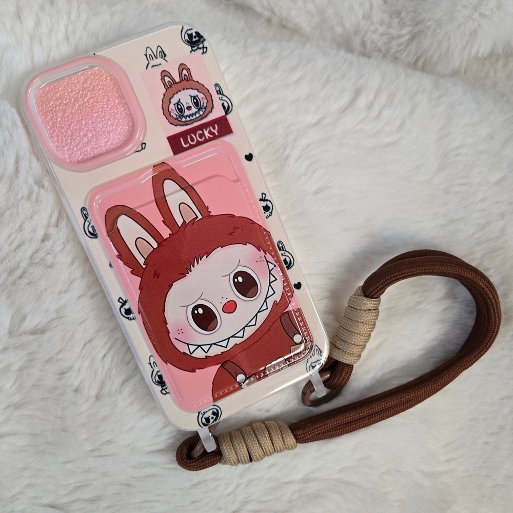 Labubu Phone Case iPhone 13 Pro Max Brown Pink Monster Wristlet Lanyard Card